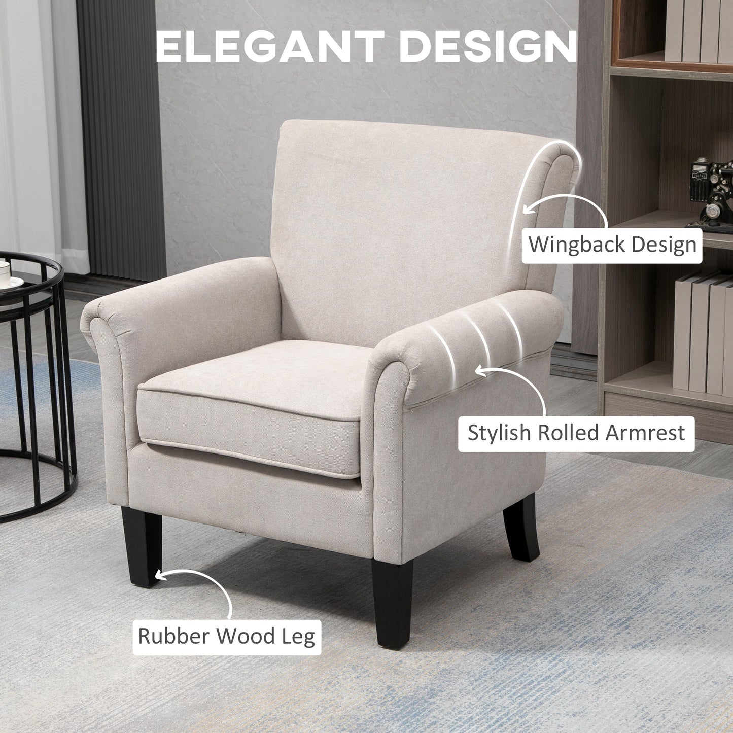 Fauteuil d'appoint rembourré avec tissu doux au toucher velours, accoudoirs roulés, gris