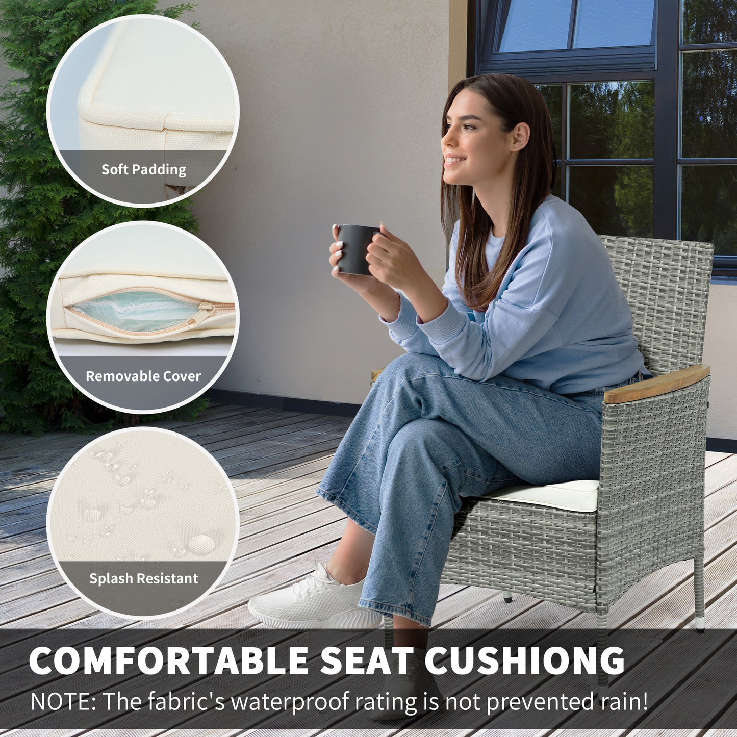Outsunny 5 Piece Rattan Garden Dining Set with Parasol Hole, Cushions, Garden Table and Chairs, Teak