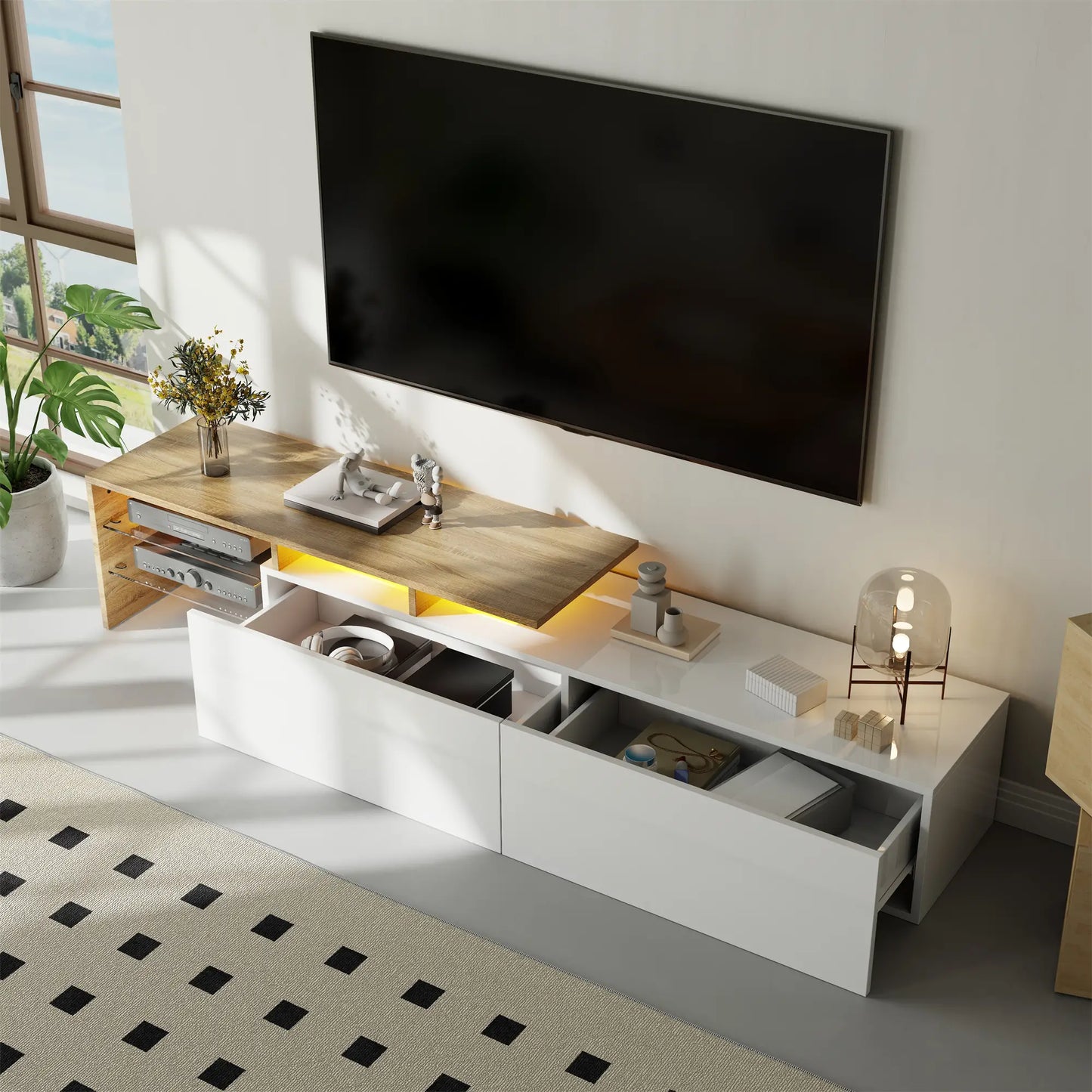 Meuble TV moderne avec étagères en verre et éclairage LED, blanc et naturel