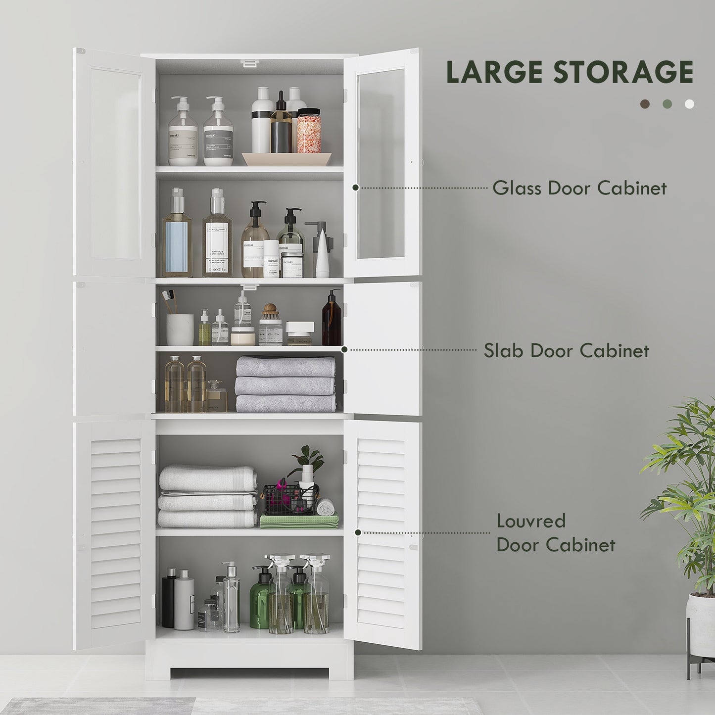 Freestanding bathroom cabinet with glass and louvered doors