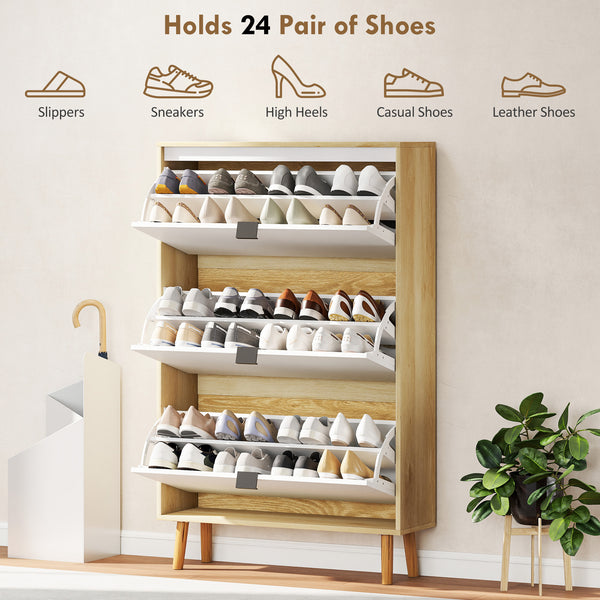 Meuble à chaussures étroit, finition brillante, avec 3 tiroirs rabattables et étagères réglables, pour 24 paires, blanc