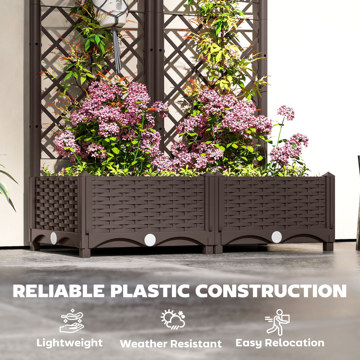 Jardinière surélevée Outsunny avec treillis, plate-bande surélevée en plastique avec trous de drainage et bouchons de drainage, 81 x 40 x 122 cm