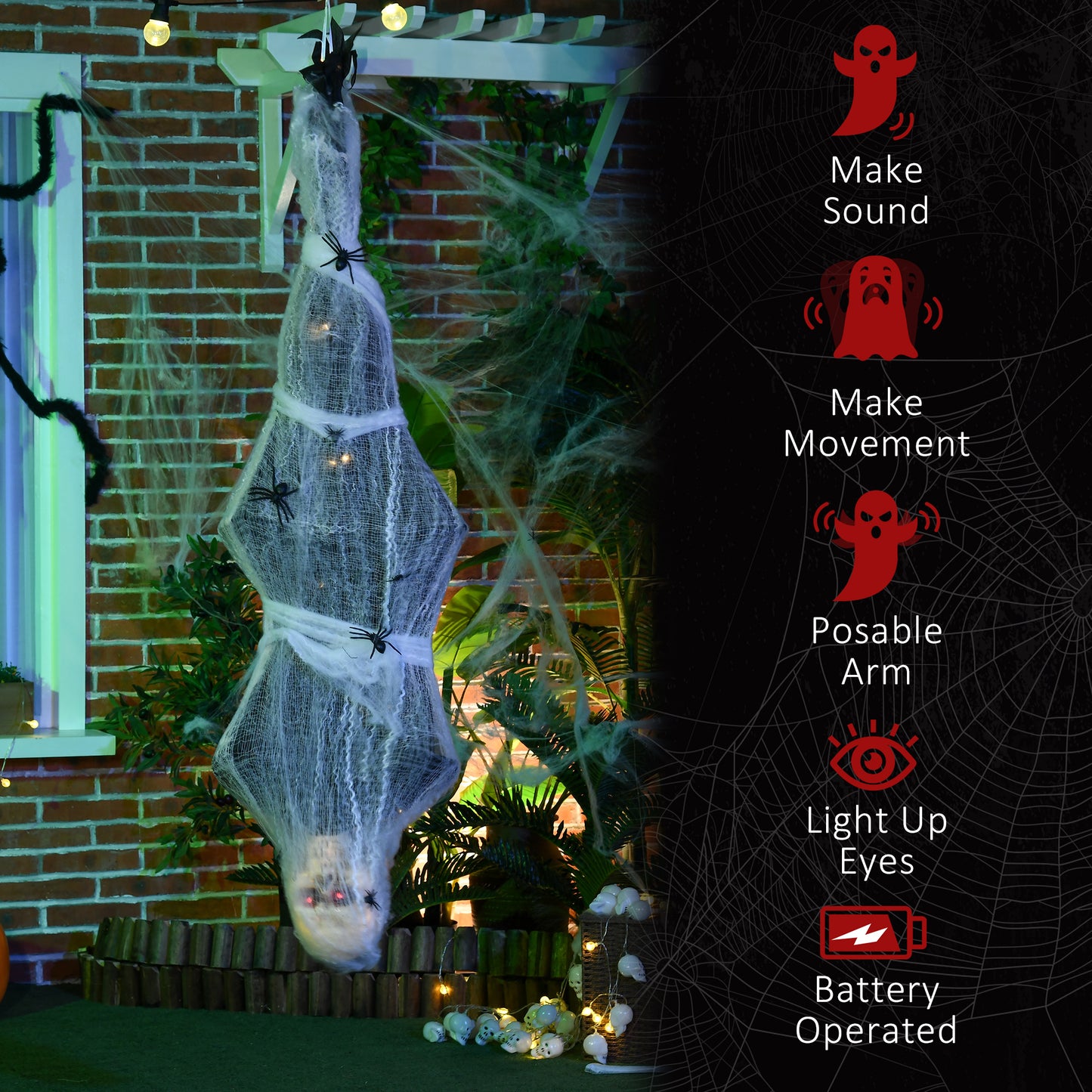 Décoration d'Halloween grandeur nature 1,4 m, momie suspendue avec toile d'araignée animé avec son et mouvement activés, yeux lumineux, son effrayant