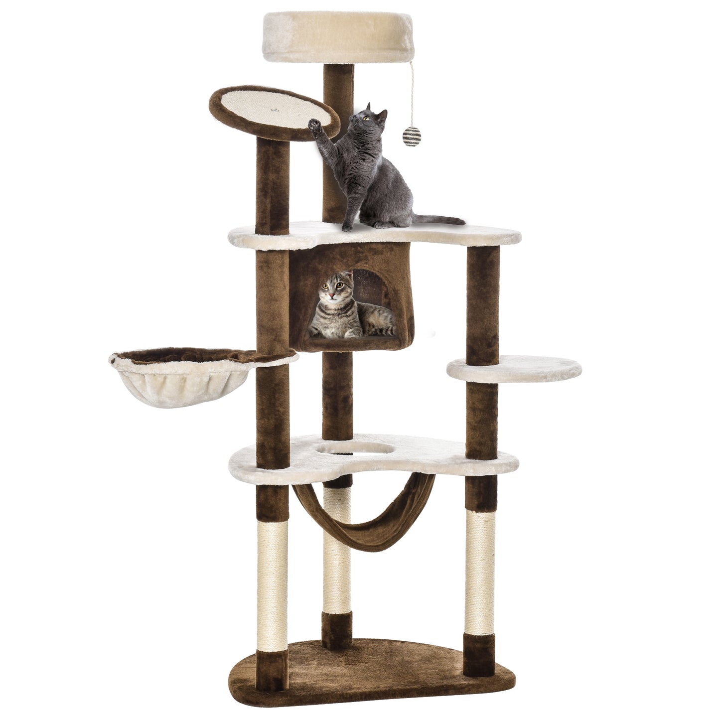 60-inch Cat Tree, Cat Bed, House & Toys - Brown & Beige