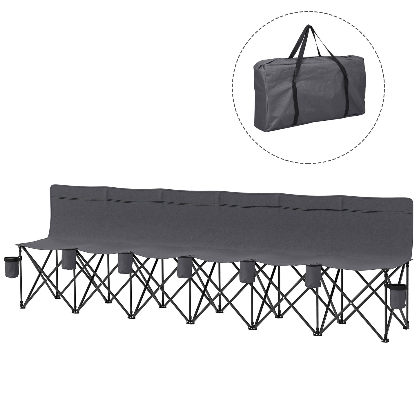 Chaise de camping pliante 6 places avec porte-gobelet et housse de transport pour camping, pique-nique et événements sportifs, gris foncé