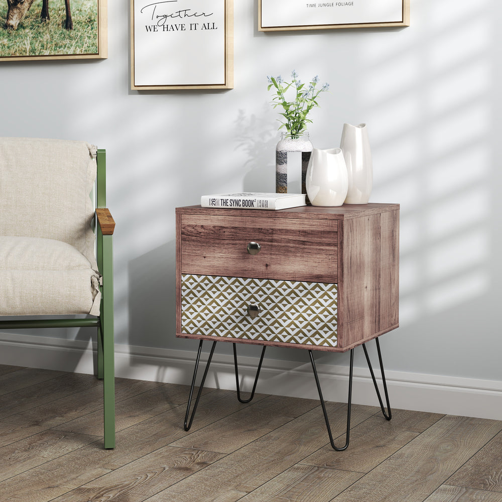 Table d'appoint en bois marron avec tiroirs de rangement, idéale pour une chambre à coucher ou un salon contemporain