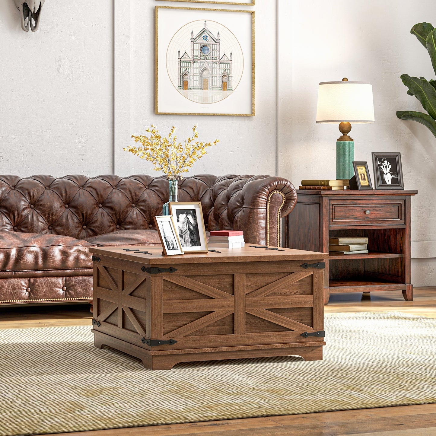 Table basse carrée style ferme en bois marron avec couvercles rabattables et compartiment de rangement dissimulé, parfaite pour salon rustique et organisé