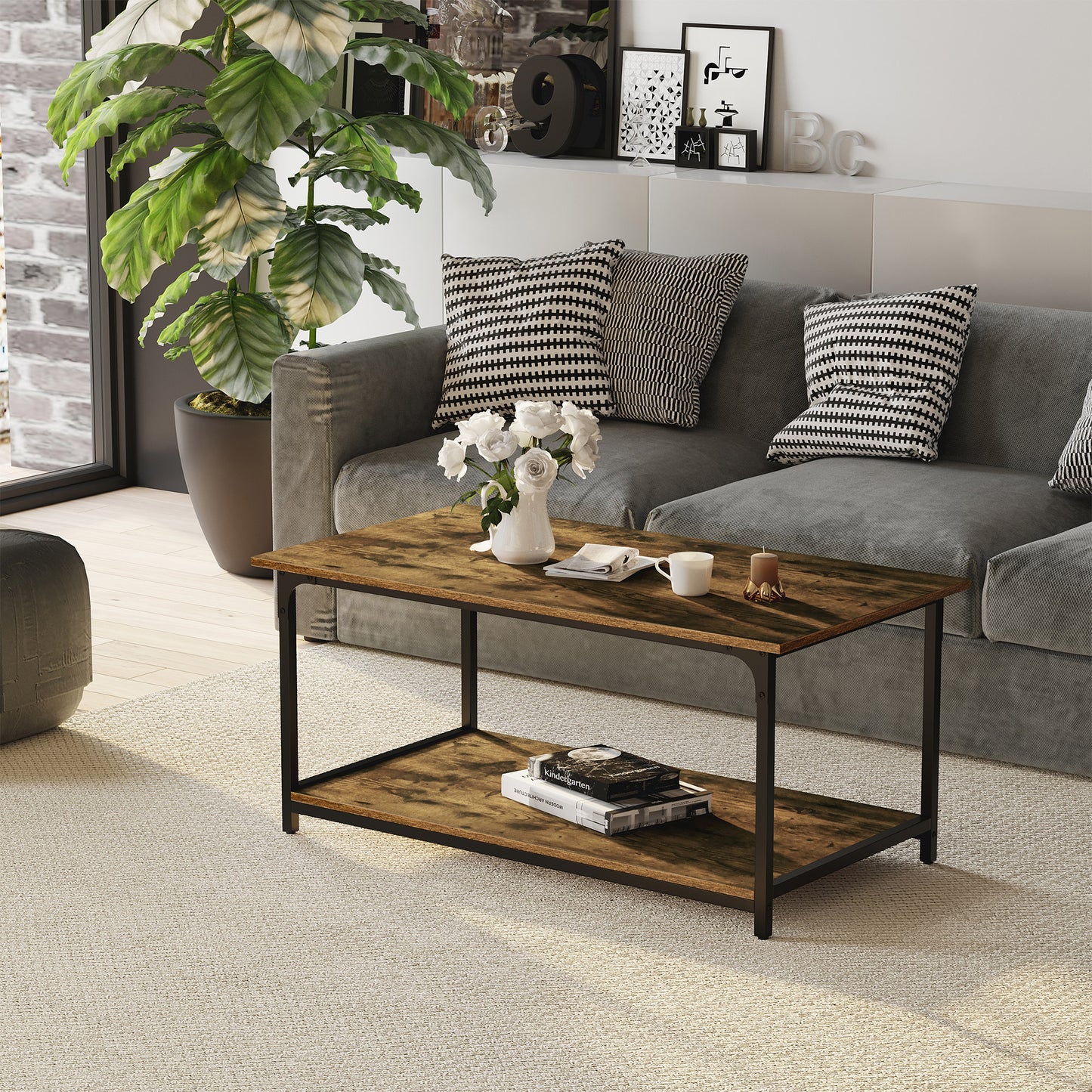 Table basse industrielle marron rustique avec étagère de rangement pratique pour salon