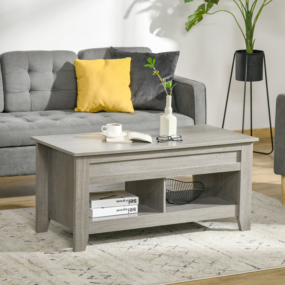 Table basse relevable gris clair avec compartiment de rangement dissimulé et étagères ouvertes pour salon
