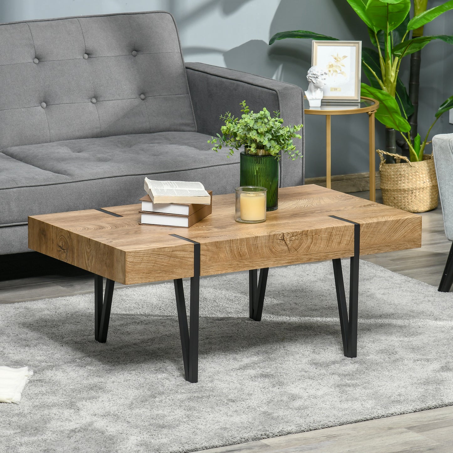 Table basse rustique rectangulaire avec pieds en épingle à cheveux en acier pour salon