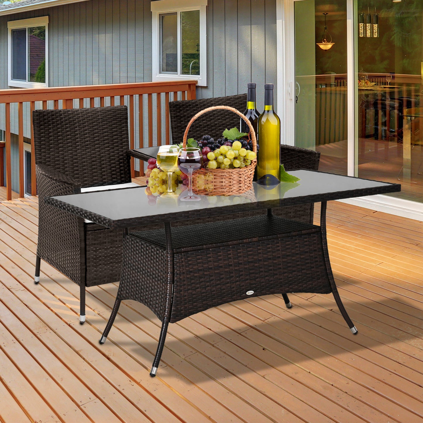 Table à manger en rotin marron avec plateau en verre trempé et étagère de rangement intégrée – mobilier de jardin élégant et fonctionnel