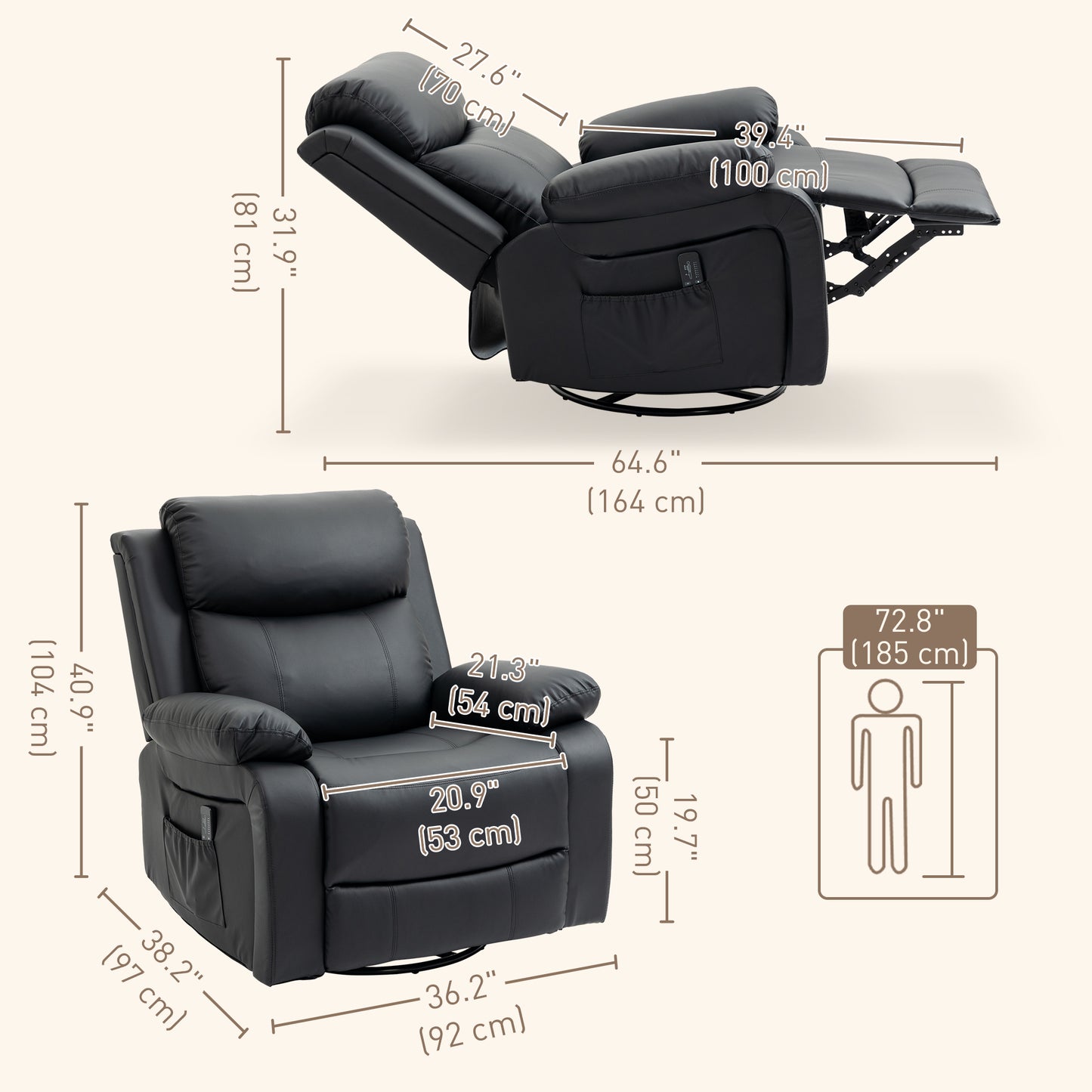 Fauteuil inclinable en cuir synthétique avec massage par vibration, base pivotante, fonction bascule, télécommande, noir