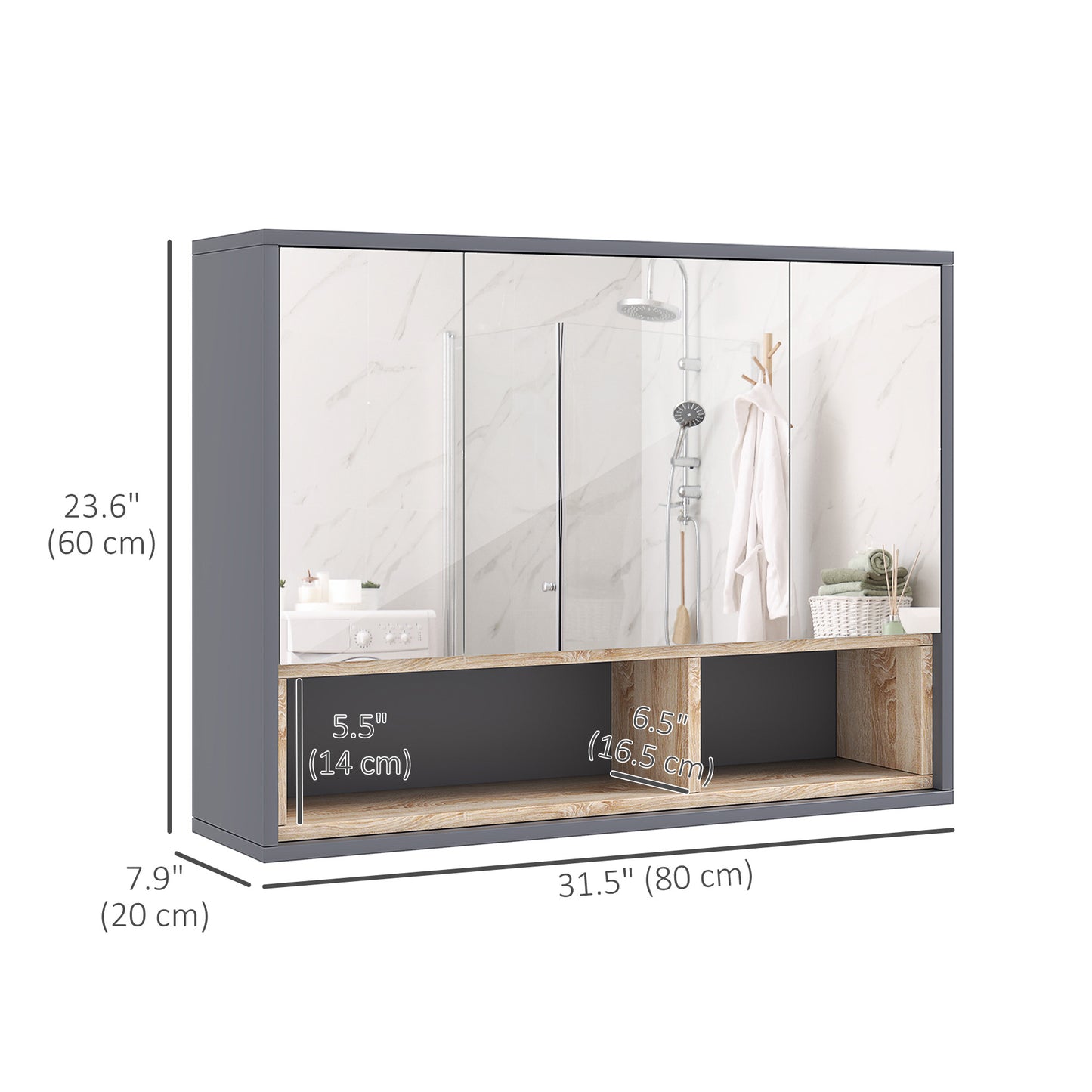 Armoire à pharmacie murale avec miroir et étagères, gris