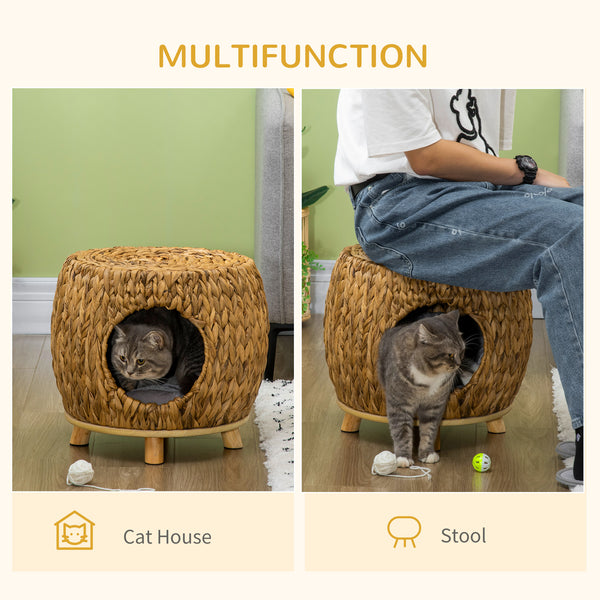 Wicker Cat Bed with Washable Cushion, Raised Rattan Cat Bed for Indoor Cats, Light Brown
