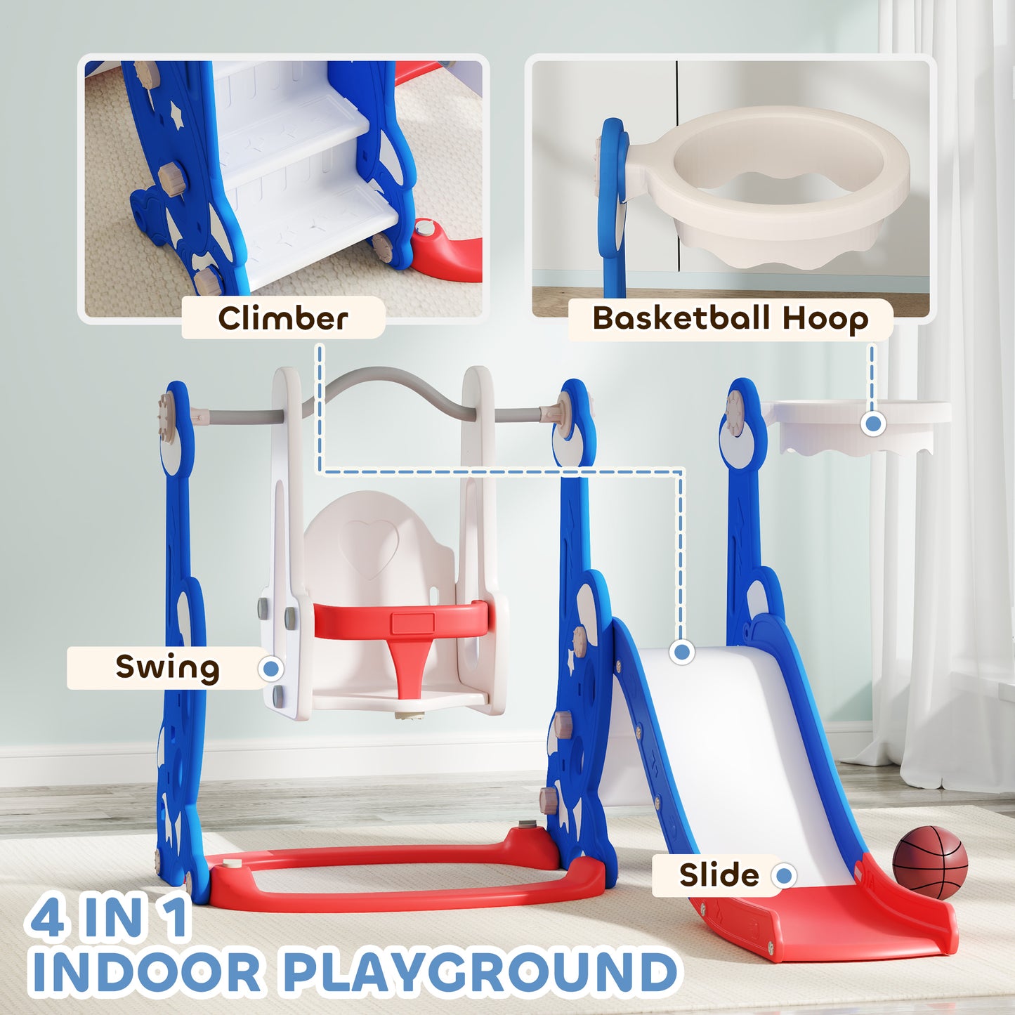 4-in-1 Slide and Swing Set with Basketball Hoop and Climber, for Boys and Girls Ages 1.5-4, Rocket Theme, Dark Blue