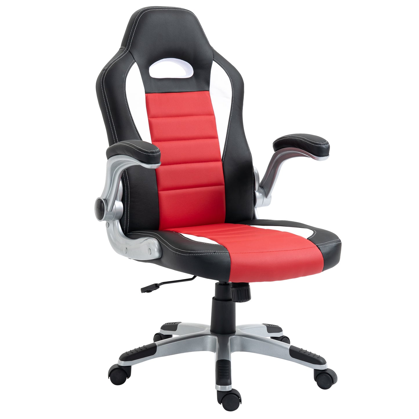 Gaming chair in synthetic leather, adjustable height, flip-up armrests, swivel casters, red