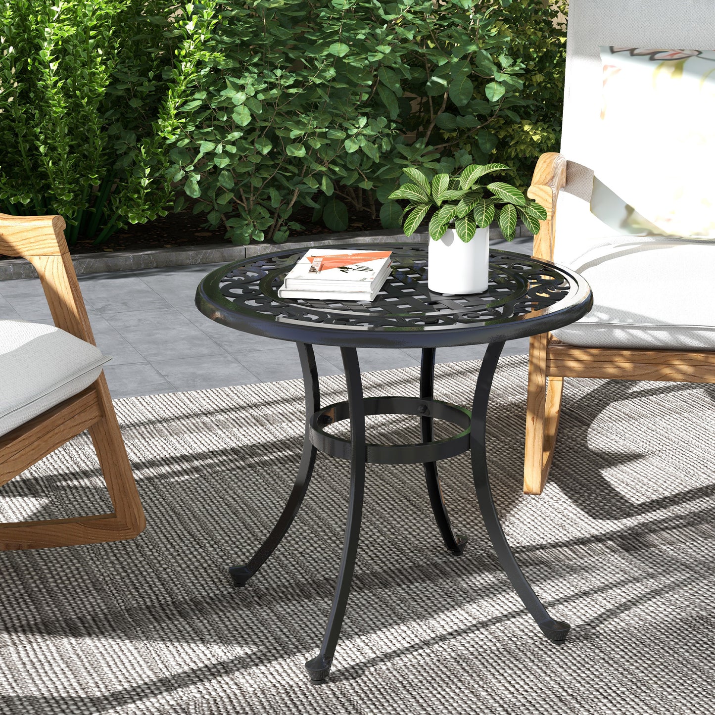 Table de patio avec cadre en aluminium moulé, pieds réglables pour terrasse, jardin et balcon, noire