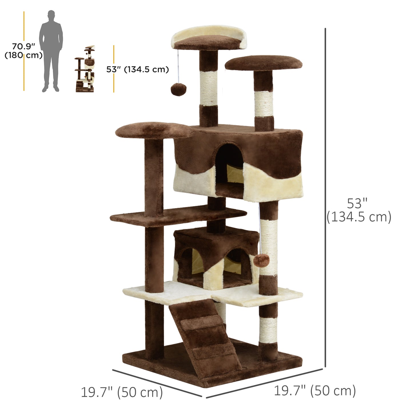 53" Cat Tree with Scratching Post, Large Multi-Level Kitten Playhouse