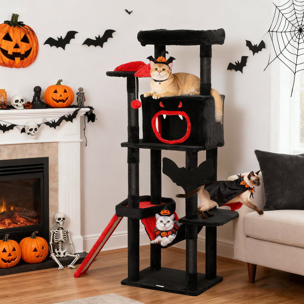 60" Tall Gothic Cat Tree with Coffin Bed, Scratching Posts & Sisal Ramp, Black