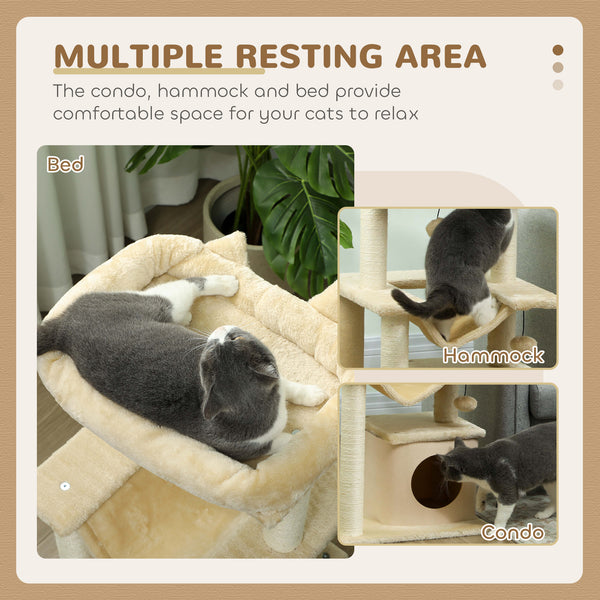 Arbre à chat à plusieurs niveaux de 99,25 cm avec griffoir, hamac, lit, balle et jouet - Beige