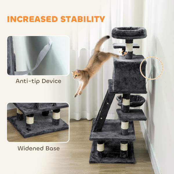 Grand arbre à chat de 132 cm pour chats d'intérieur, gris foncé