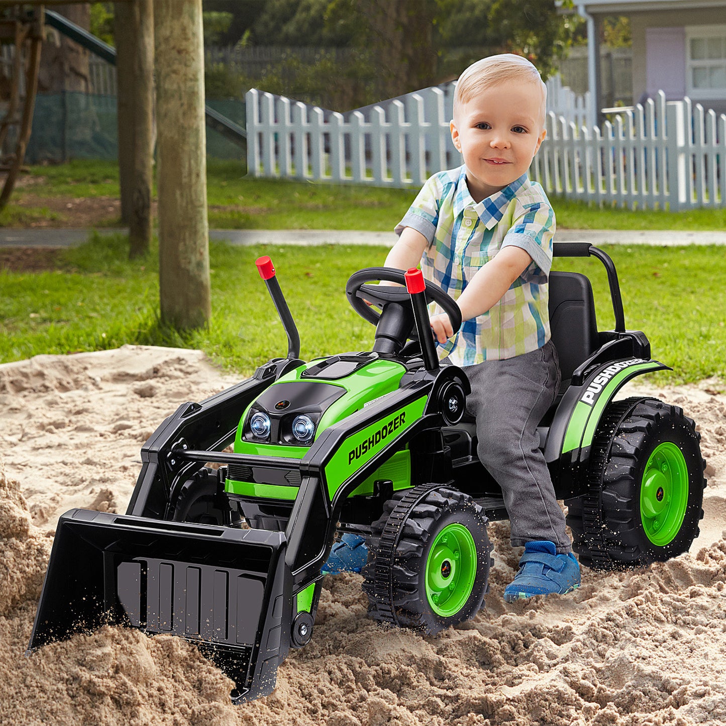 Tracteur 6 Volts pour enfants alimenté par batterie, pelleteuse autoportée, avec musique, phare avant et marche arrière, vert