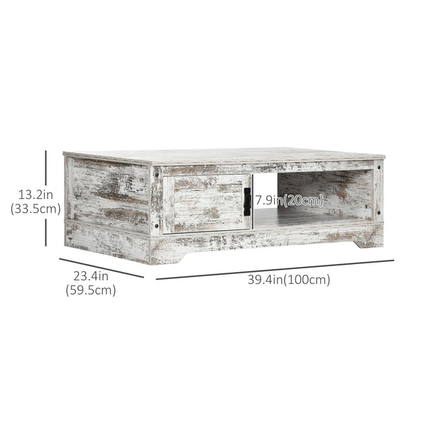 Table basse de style vintage avec armoire, compartiments de rangement ouverts, blanc