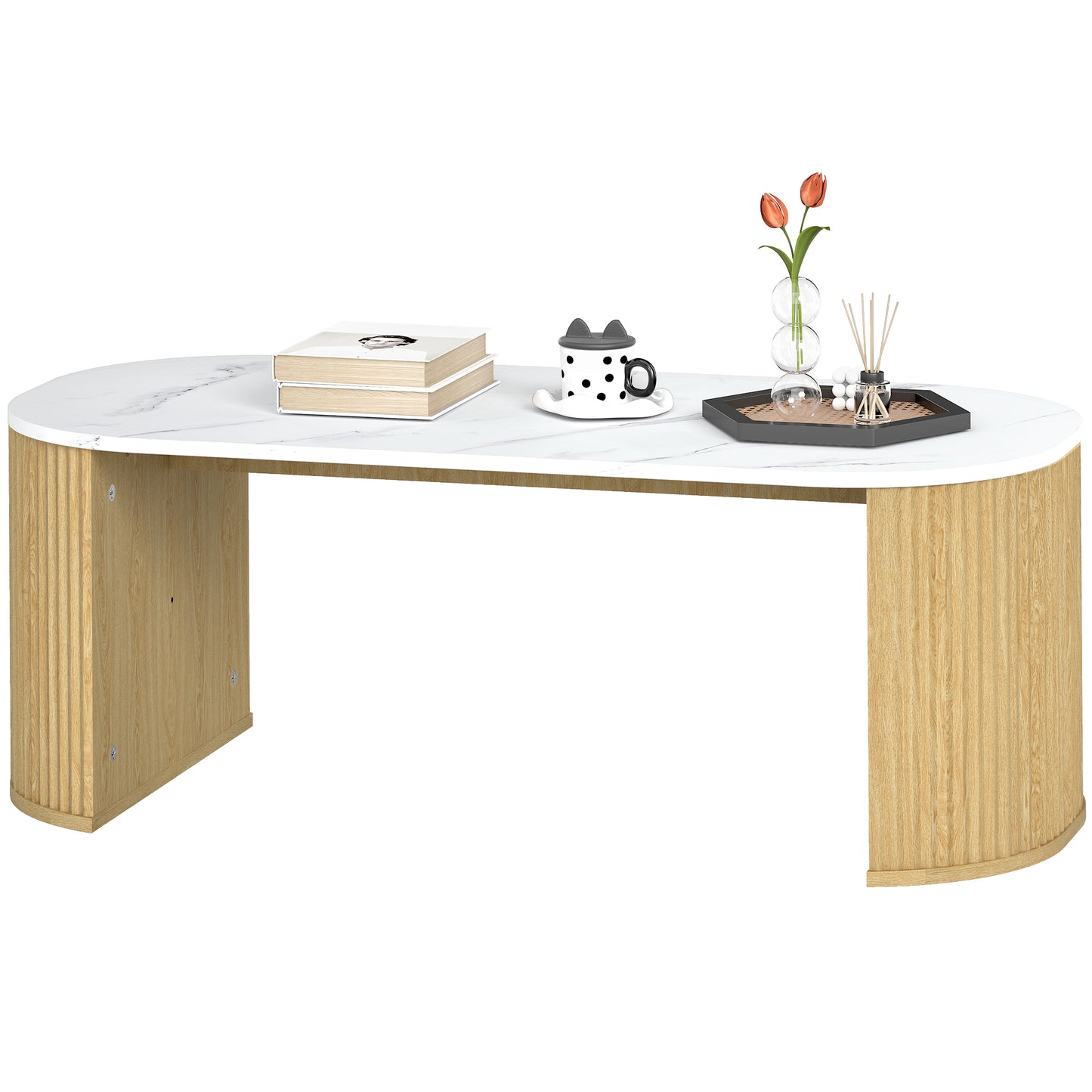 Table de salon moderne effet marbre avec coins arrondis et pieds épais, bois naturel