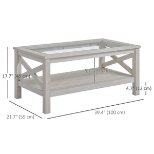Table basse de style ferme avec plateau en verre trempé, chêne blanc