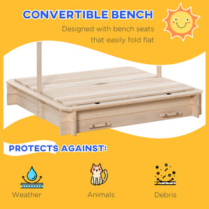 Bac à sable en bois avec auvent réglable et banc convertible