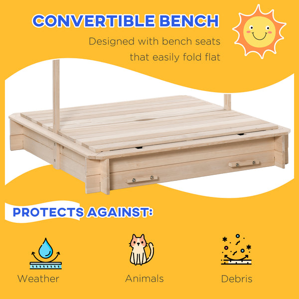 Bac à sable en bois avec auvent réglable et banc convertible