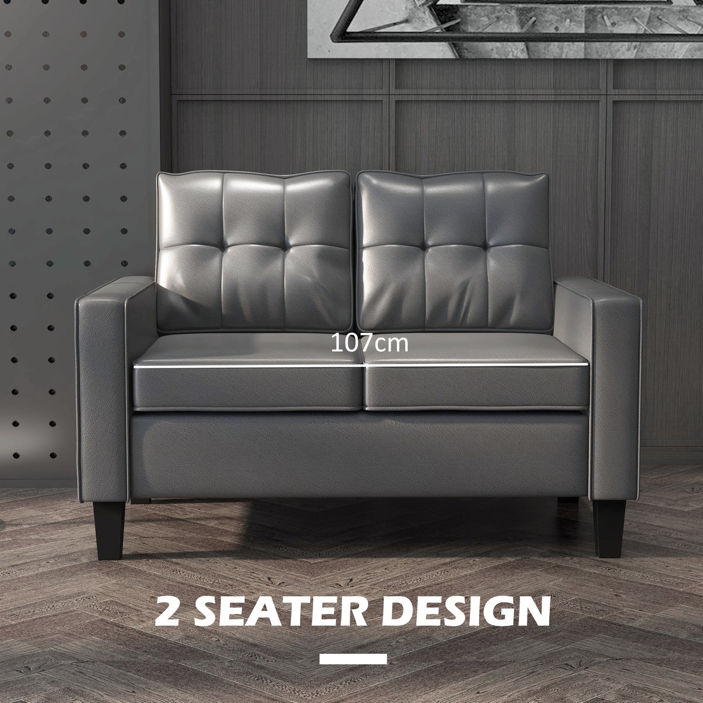 Upholstered faux leather loveseat with armrests, pocket spring cushion, gray