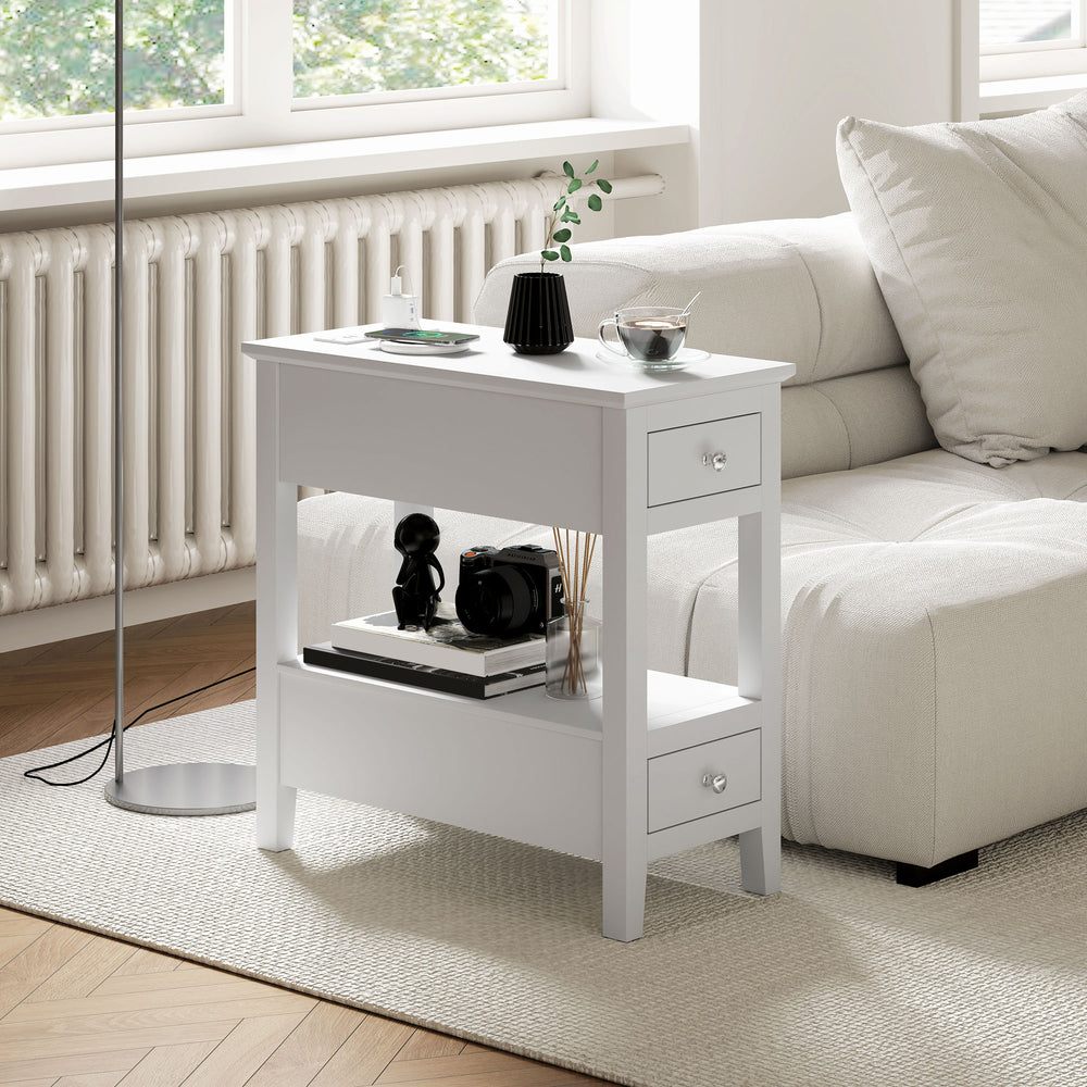 Table d'appoint étroite avec station de charge et ports USB, blanche