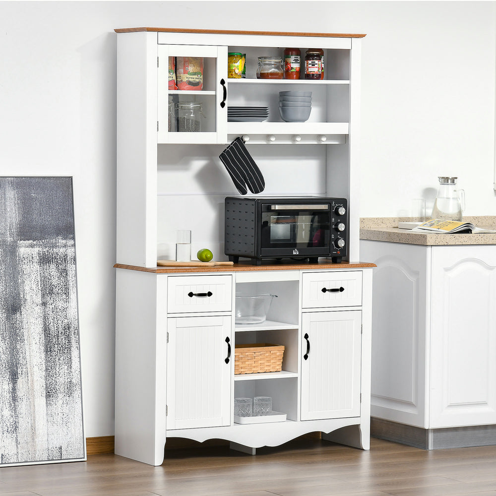 Buffet de cuisine style campagnard avec tiroir utilitaire et étagères 5 niveaux, blanc