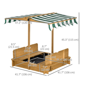 Bac à sable en bois avec couvercle, bancs pliables et auvent réglable, marron clair