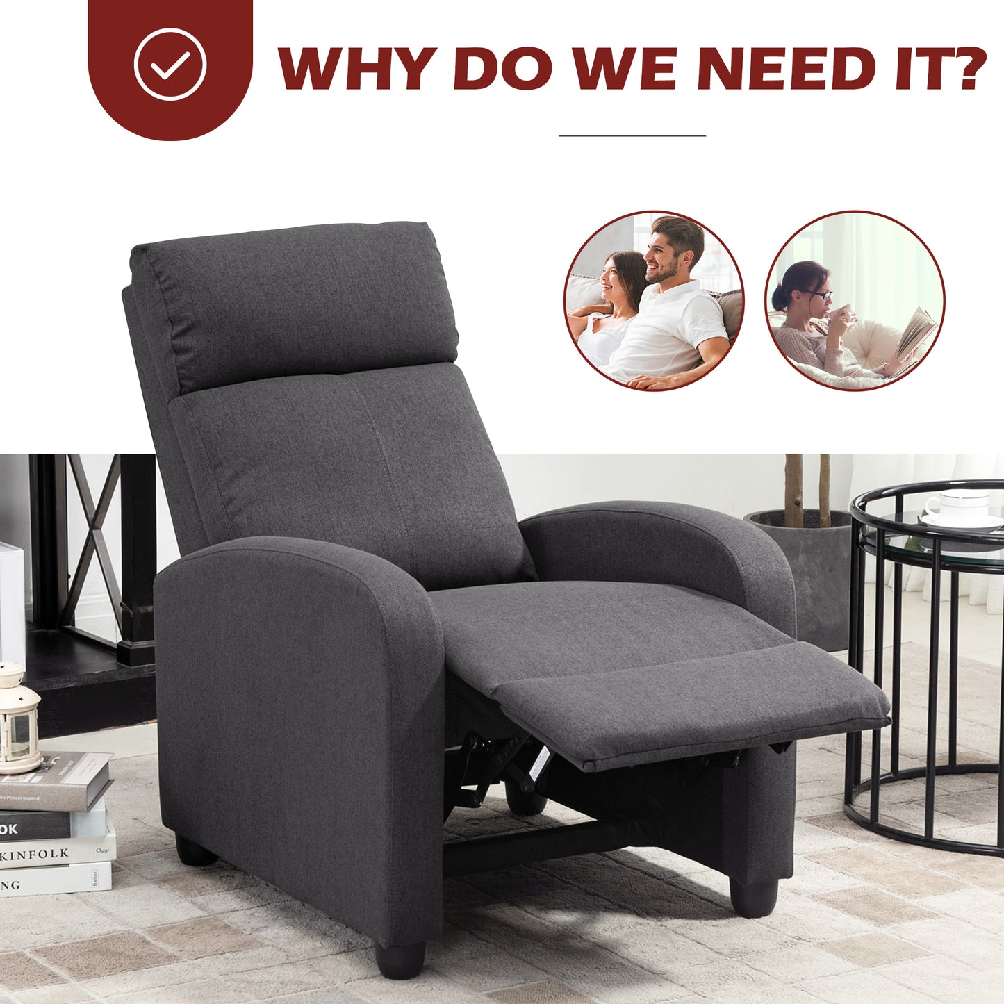 Fauteuil inclinable manuel en tissu respirant pour cinéma maison avec assise rembourrée, gris foncé