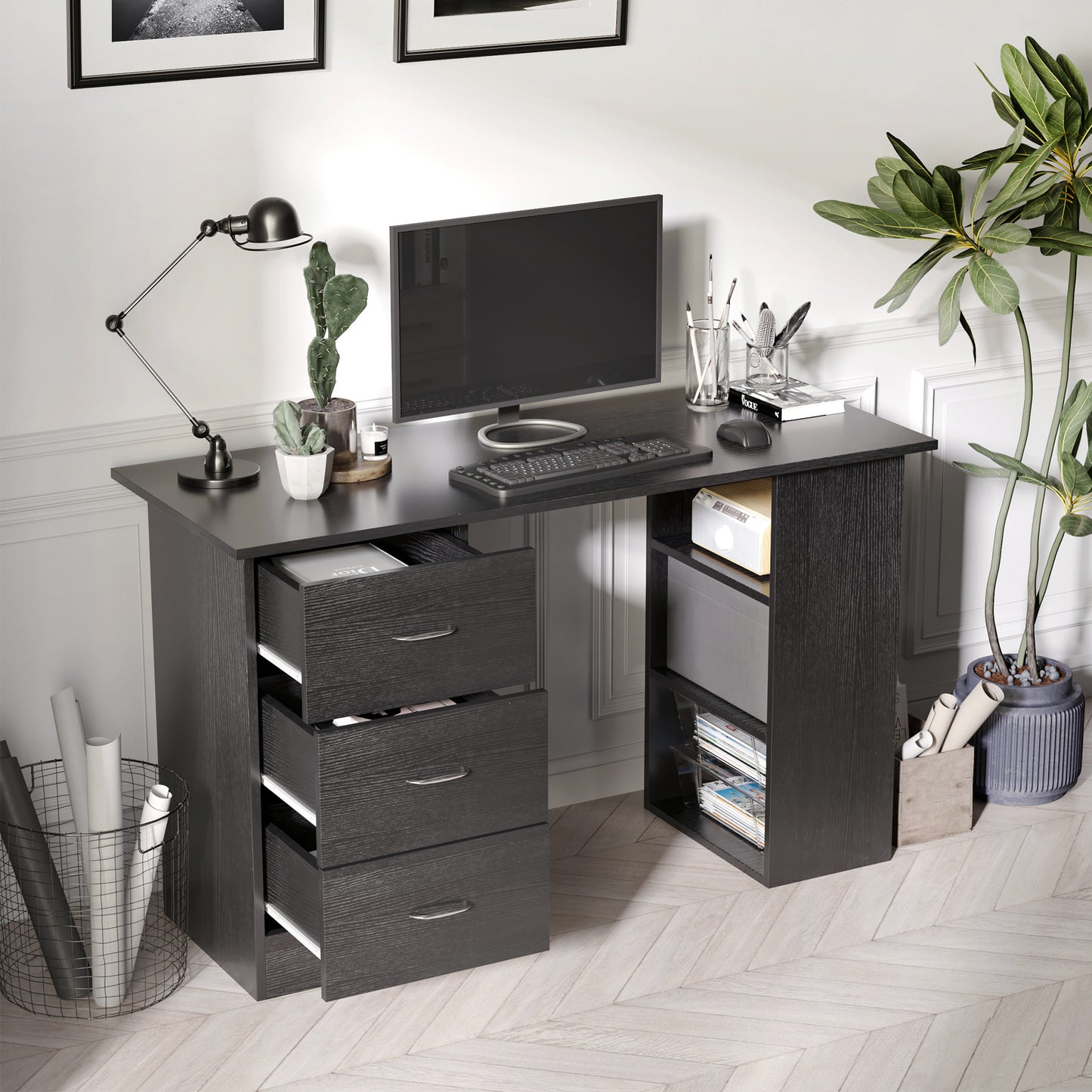 Bureau avec étagères de rangement à 3 niveaux avec tiroirs, noir