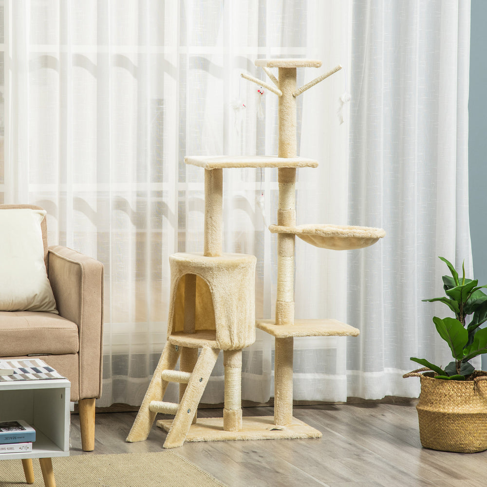 53-inch Cat Tree with Scratching Posts, Tree House, Perches, Ladder, Hammock and Hanging Toys, Beige