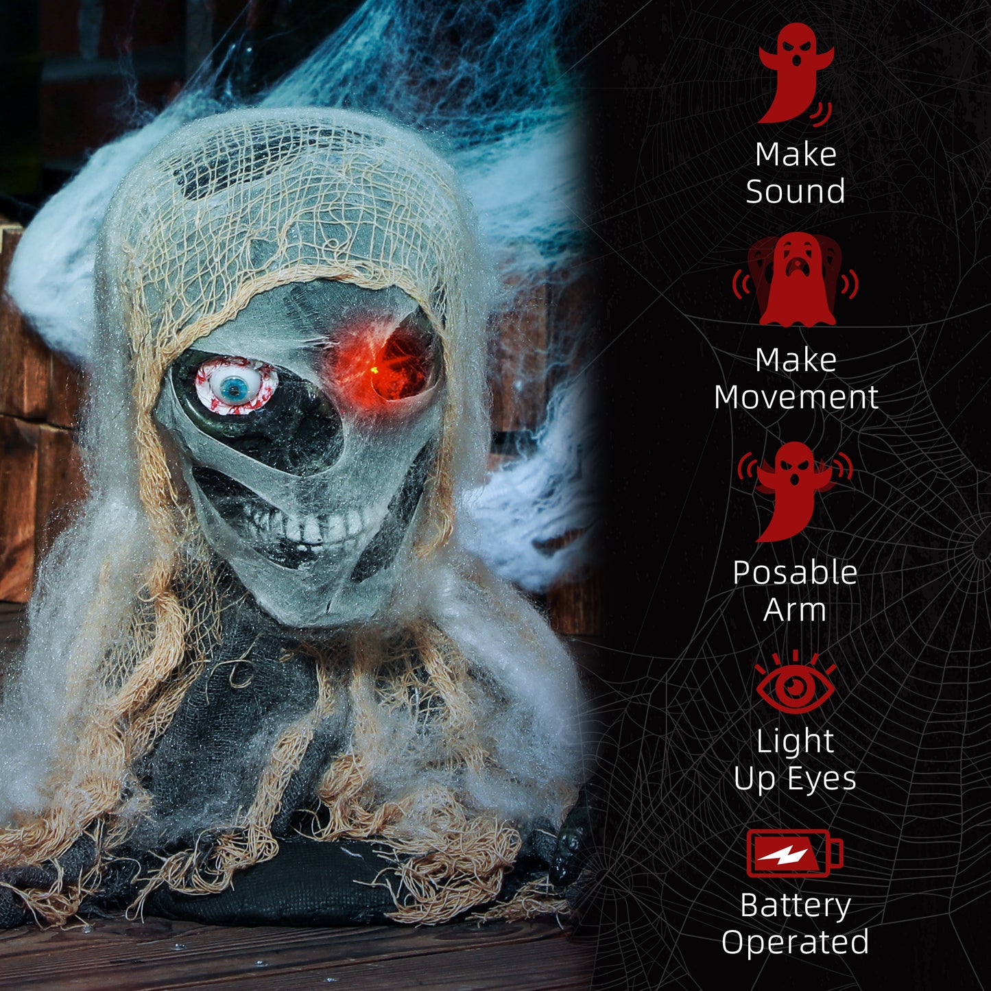 Momie animée d'Halloween avec yeux LED lumineux