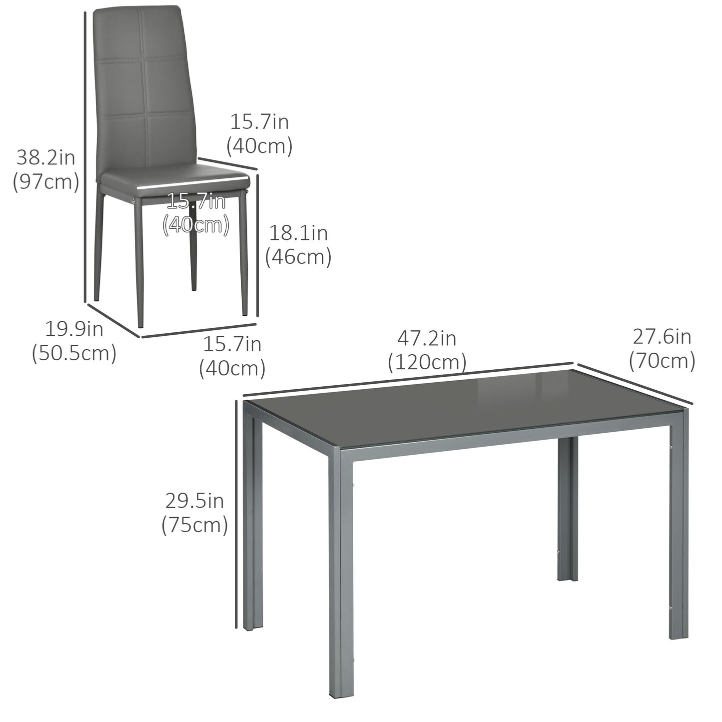 Ensemble tables et chaises de cuisine rectangulaires en verre avec structure en métal et revêtement en similicuir pour salle à manger, gris