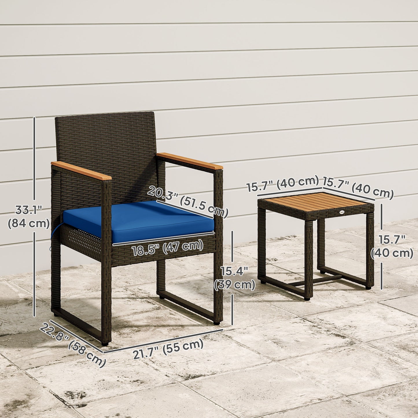 Outsunny 3 Piece Wicker Garden Furniture Set, Rattan Bistro Set with Acacia Wood Table and Removable Cushions, Dark Blue