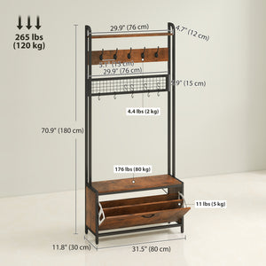 5-in-1 Coat Rack with Bench, Shoe Rack, 10 Hooks, Rustic Brown