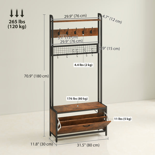 5-in-1 Coat Rack with Bench, Shoe Rack, 10 Hooks, Rustic Brown