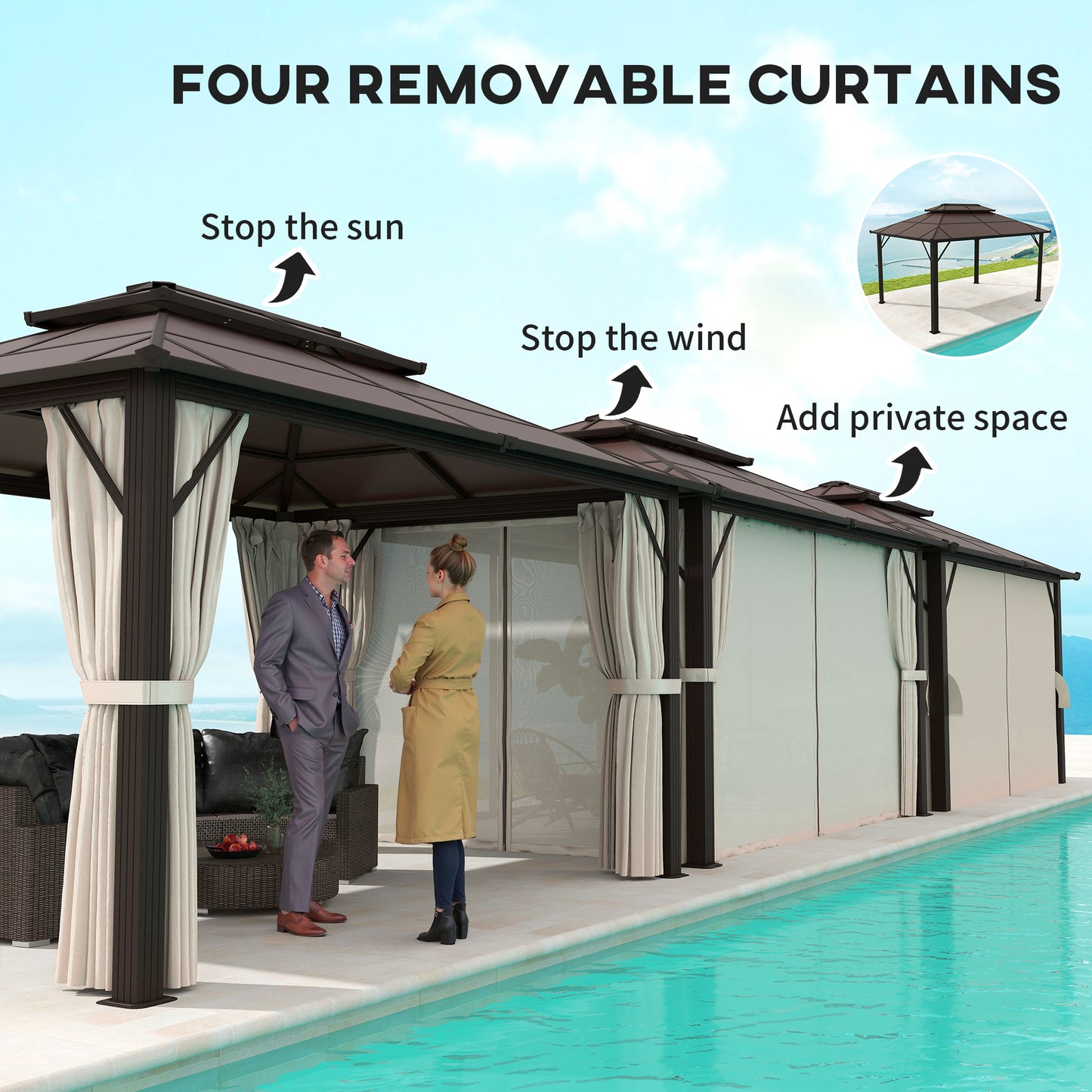 Gazebo 10' x 13' à toit rigide avec double toit en polycarbonate UPF30+, cadre en aluminium, filet et rideaux, Beige