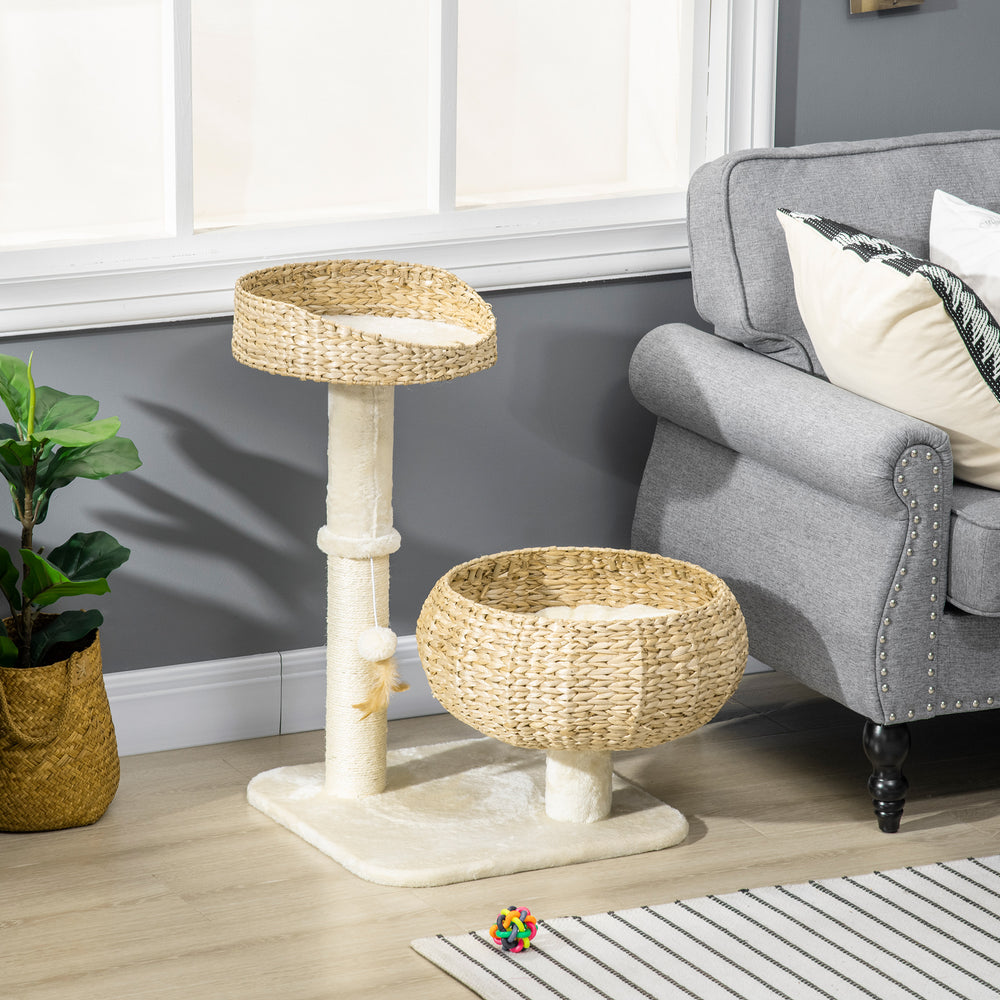 71cm Cat Tree with Scratching Post and 2 Beds, Beige