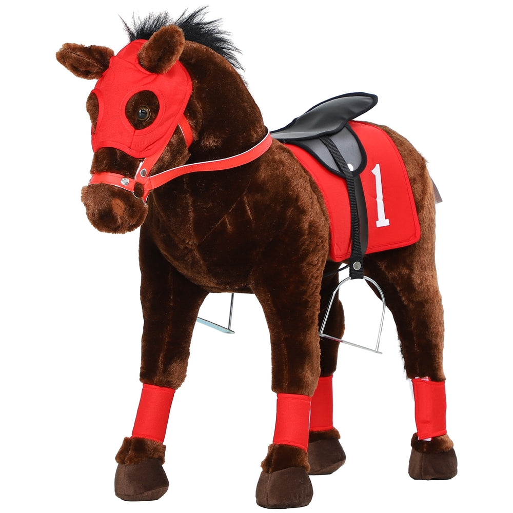 Cheval à monter avec hennissement, selle et étriers, marron