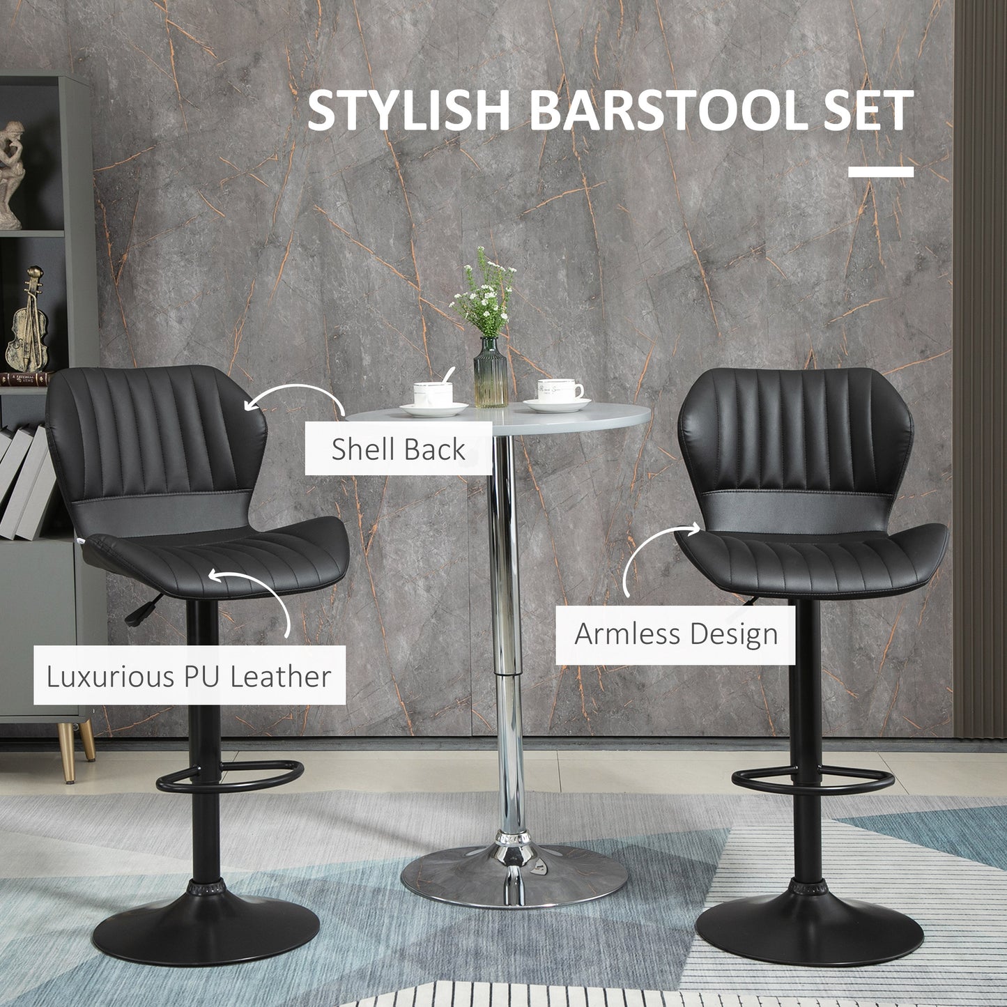Set of 2 Adjustable PU Leather Swivel Stools with Chrome Base and Footrest, Black