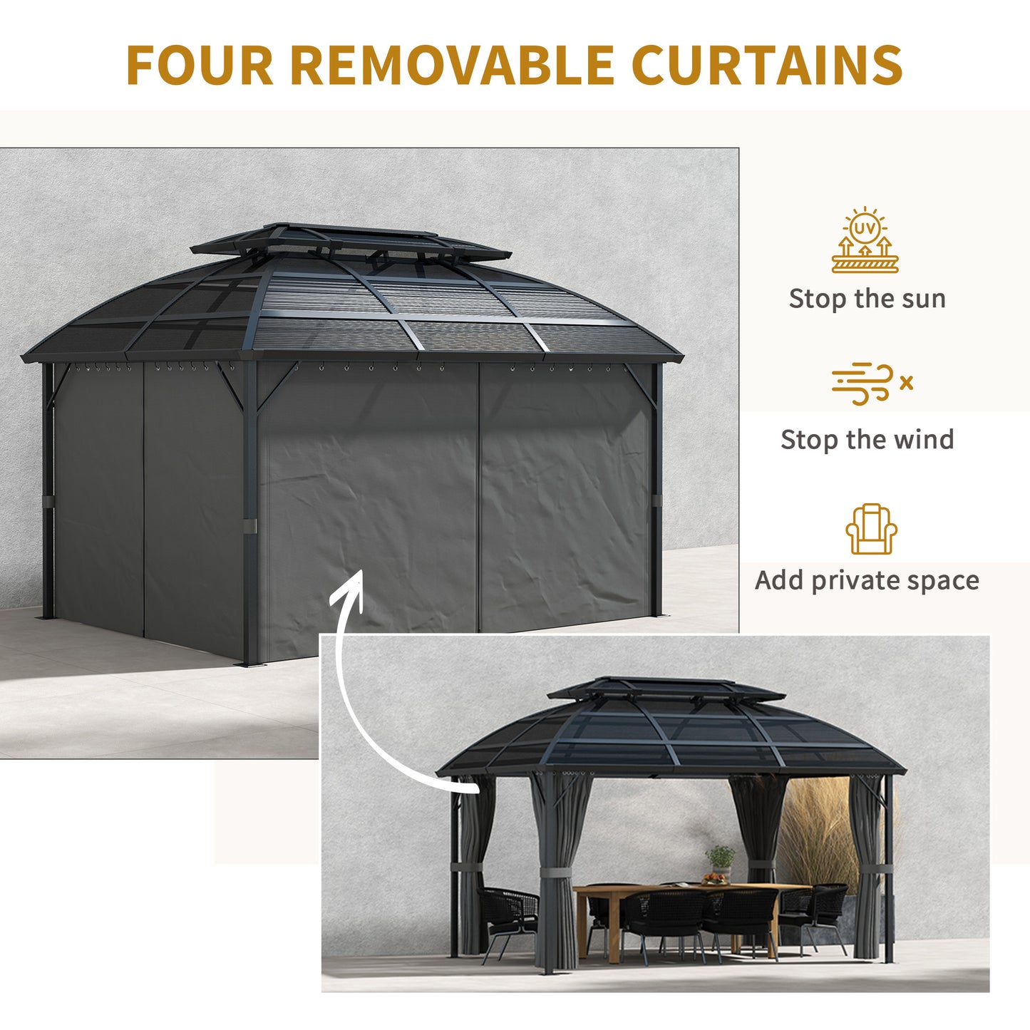 Gazebo 13' x 10', abri extérieur à double toit avec rideaux et cadre en aluminium, noir