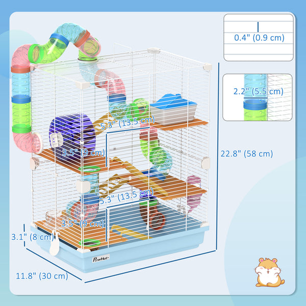 Cage pour hamster portable 5 niveaux avec roues d'exercice, tube de jeu, bouteille d'eau, gamelle, échelle pour gerbilles, bleu clair