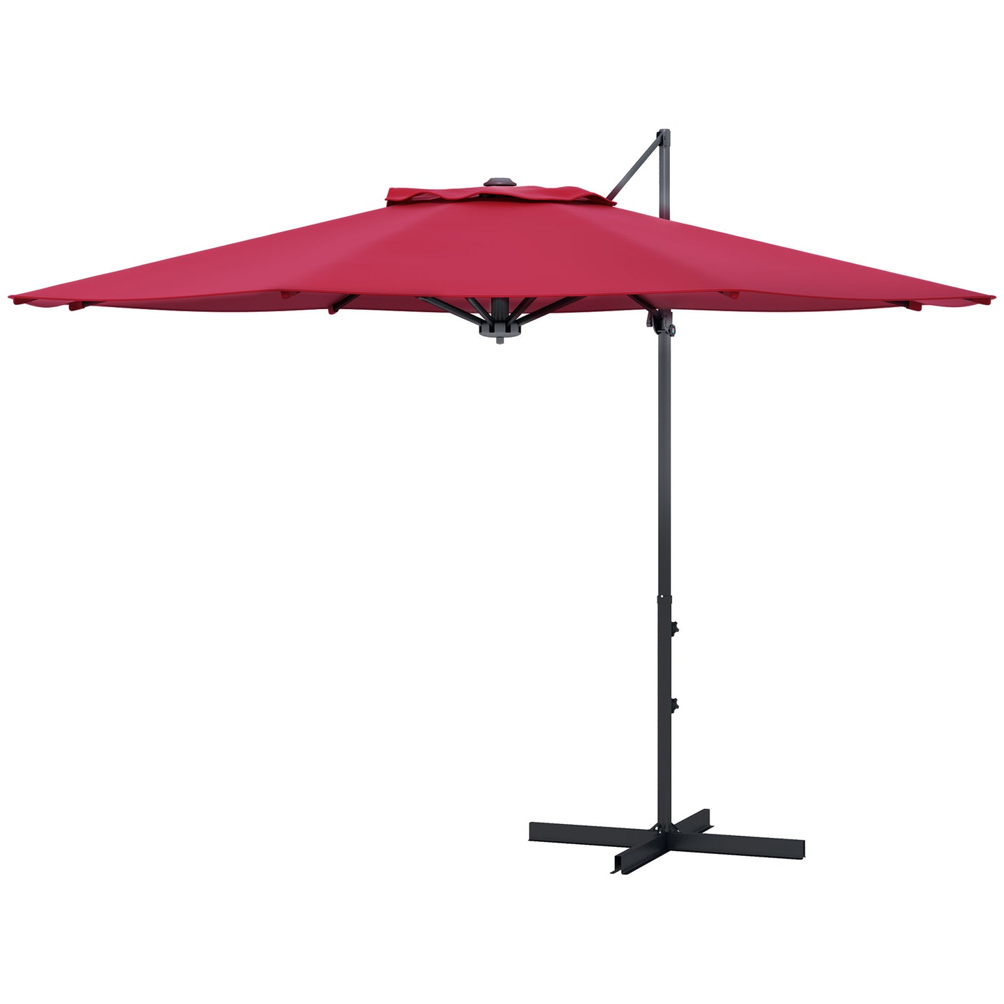 Parasol déporté 3m suspendu en aluminium avec rotation à 360°, manivelle, inclinaison, base croisée, rouge